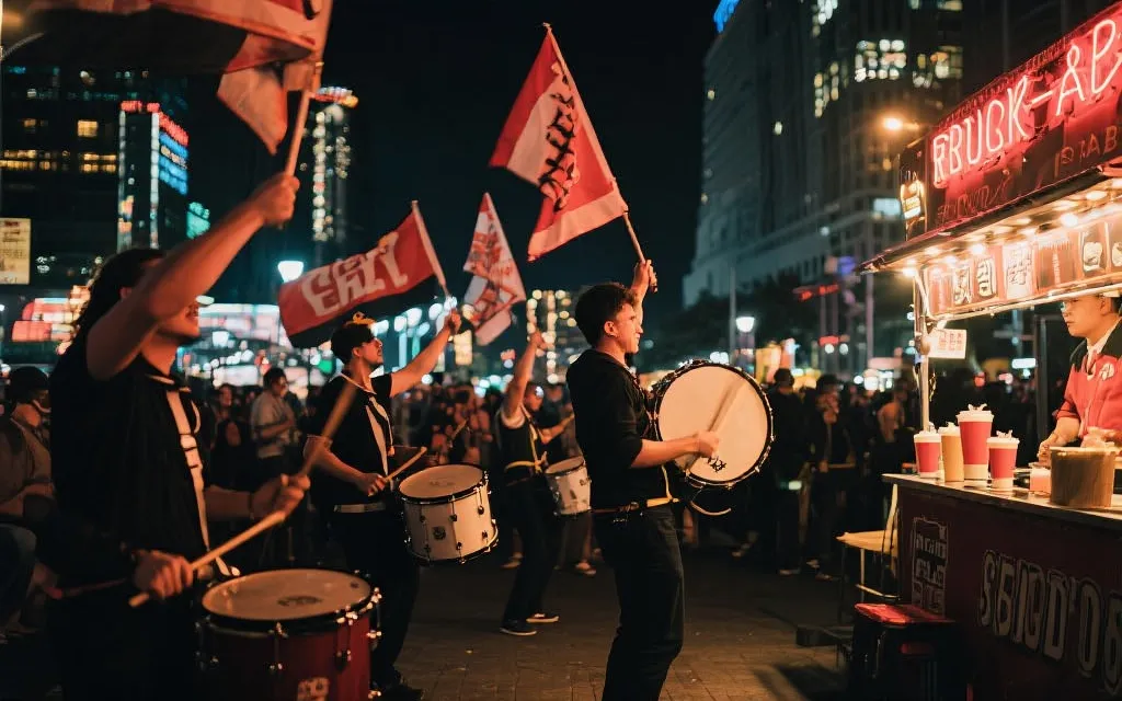 夜晚的球迷广场：鼓手、旗帜、路边热饮摊、城市霓虹与看台灯光，纪实摄影风格