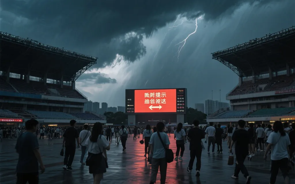 雷暴来临前的球场外，电子屏提示延迟与疏散路线