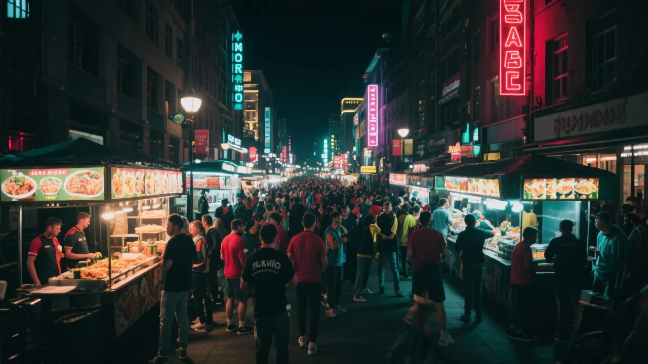 球迷在达拉斯街区夜间聚会与城市霓虹氛围