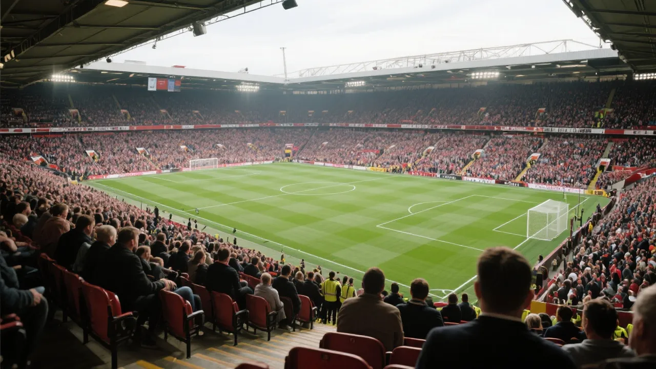 从看台俯瞰绿茵场与观众席，热烈氛围，广角电影感