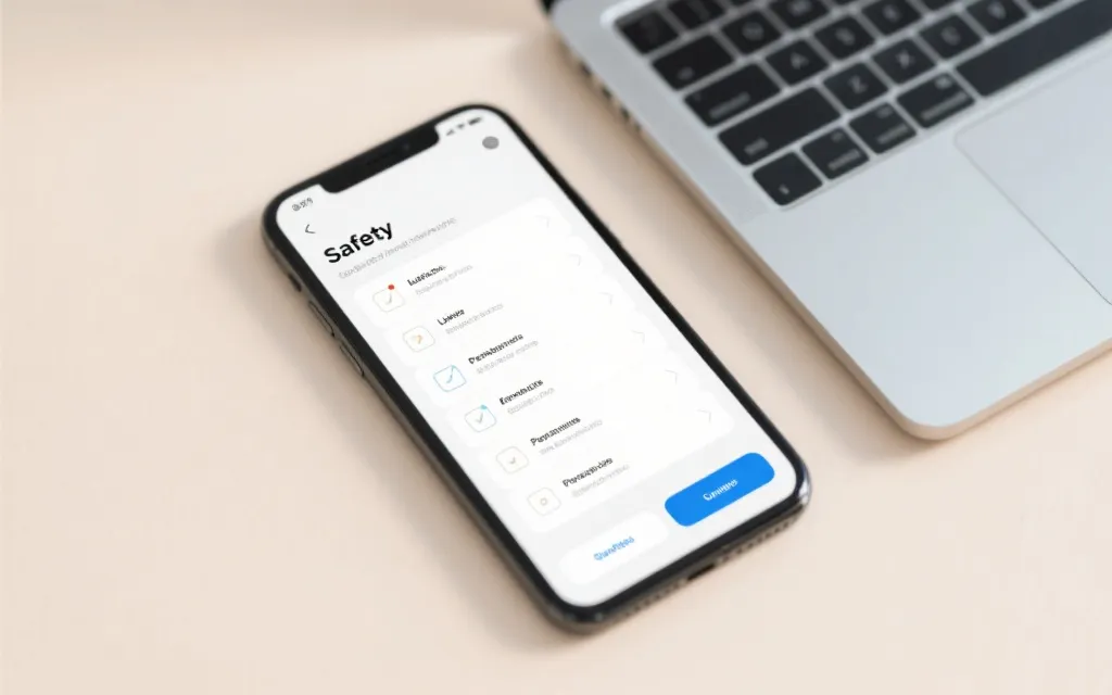 手机与笔记本的安全检查清单界面，包含链接检查、权限管理、反跟踪设置等元素