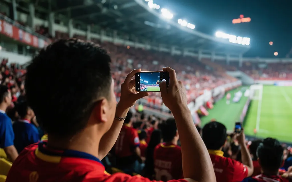 球迷在看台上用手机拍摄比赛氛围，背景是灯光与人群，纪实摄影风格